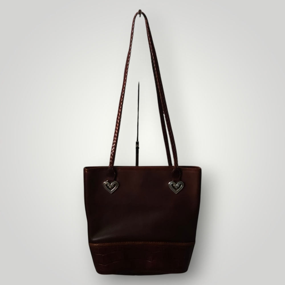 Brighton Leather Shoulder Tote Bag Brown Croc Embossed Trim Braided Straps Heart - Picture 4 of 12
